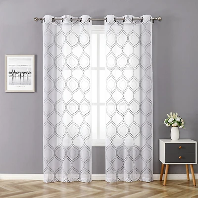 Regal Home Layla Matte Grommet Top Embroidered Sheer Set of 2 Curtain Panel
