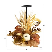 Nearly Natural 12" Autumn Pumpkin Candle Holder Floral Arrangement