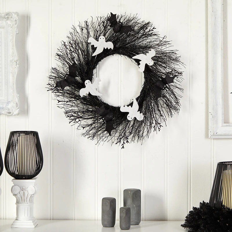 Nearly Natural "22"" Halloween Ghost Bats Twig" Wreath