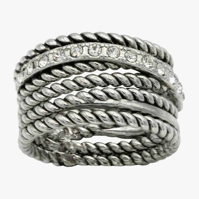 Sparkle Allure Antique Rope Faux Stacked Womens 10MM Crystal Pure Silver Over Brass Band