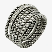 Sparkle Allure Antique Rope Faux Stacked Womens 10MM Crystal Pure Silver Over Brass Band