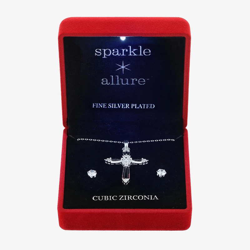 Sparkle Allure Light Up Box Womens Cubic Zirconia Pure Silver Over Brass Cross 2-pc. Jewelry Set