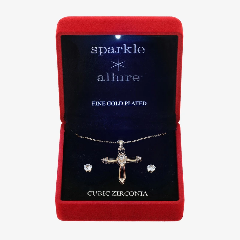 Sparkle Allure Light Up Box Womens Cubic Zirconia 14K Gold Over Brass Cross 2-pc. Jewelry Set