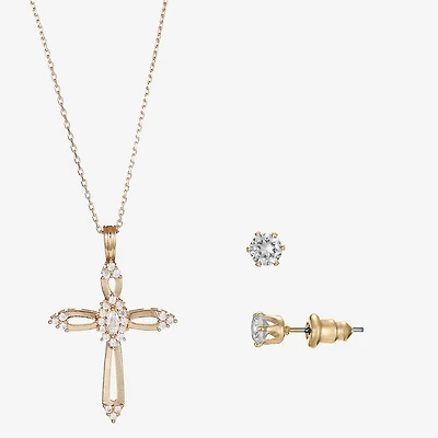 Sparkle Allure Light Up Box Womens Cubic Zirconia 14K Gold Over Brass Cross 2-pc. Jewelry Set
