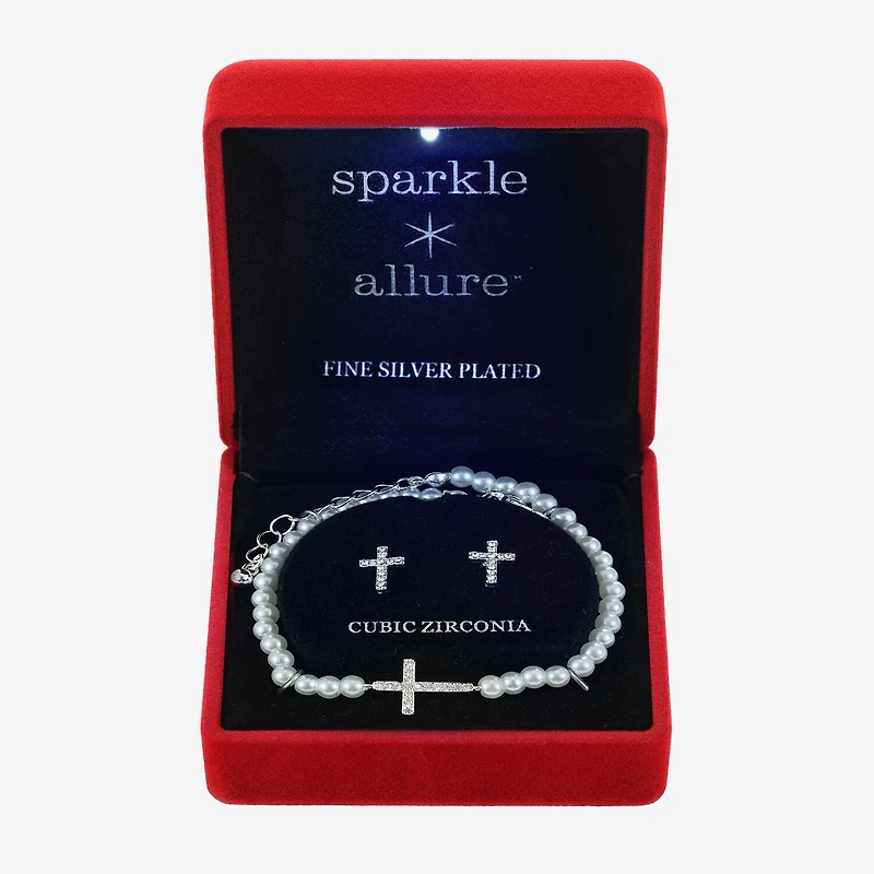 Sparkle Allure Light Up Box Womens Cubic Zirconia Simulated Pearl Pure Silver Over Brass Cross 2-pc. Jewelry Set