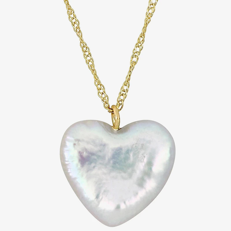 Womens White Cultured Freshwater Pearl 14K Gold Heart 17 Inch Pendant Necklace