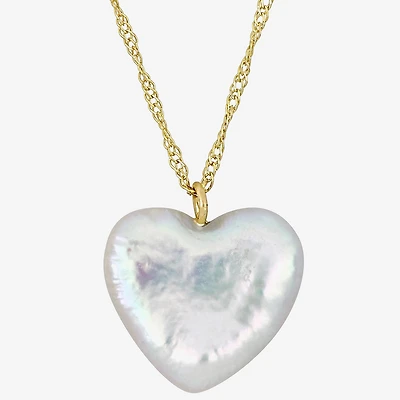 Womens White Cultured Freshwater Pearl 14K Gold Heart 17 Inch Pendant Necklace