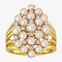 Womens 1/5 CT. 3.5MM White Cultured Freshwater Pearl 18K Gold Over Silver Cluster Cocktail Ring