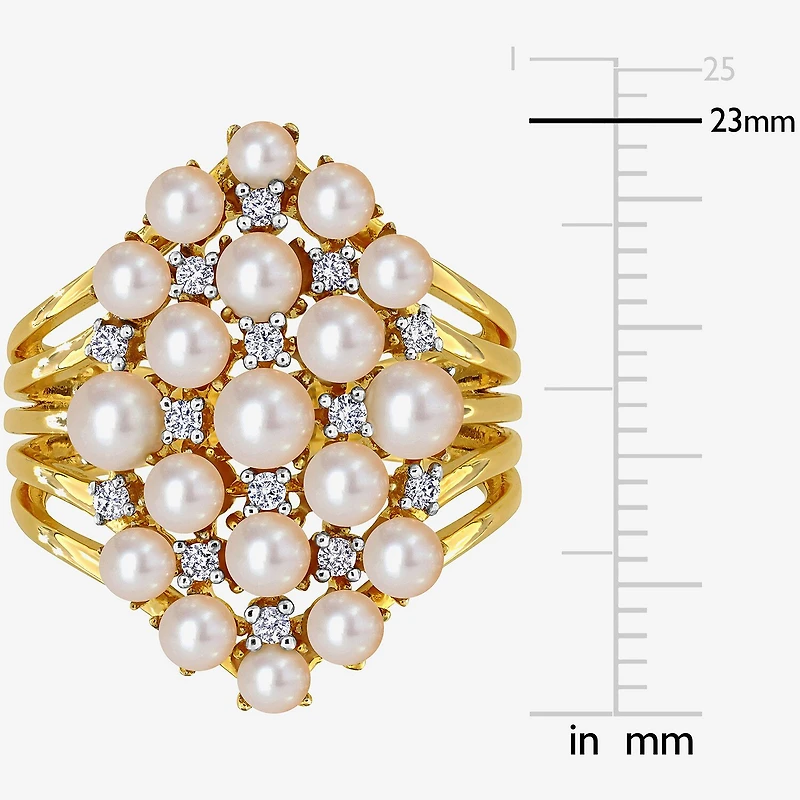 Womens 1/5 CT. 3.5MM White Cultured Freshwater Pearl 18K Gold Over Silver Cluster Cocktail Ring