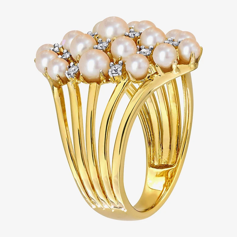 Womens 1/5 CT. 3.5MM White Cultured Freshwater Pearl 18K Gold Over Silver Cluster Cocktail Ring