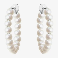 Womens White Cultured Freshwater Pearl Sterling Silver 26mm Hoop Earrings