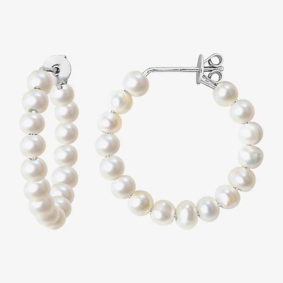 Womens White Cultured Freshwater Pearl Sterling Silver 26mm Hoop Earrings