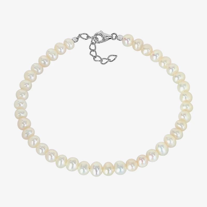 Womens White Cultured Freshwater Pearl Sterling Silver Strand Bracelet