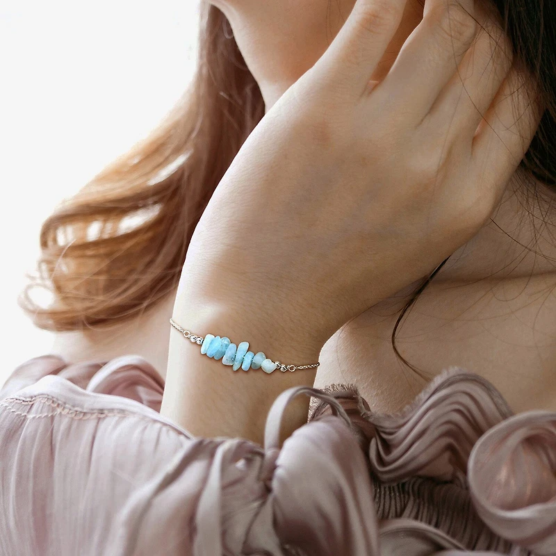 Womens Genuine Blue Aquamarine Sterling Silver Beaded Bracelet