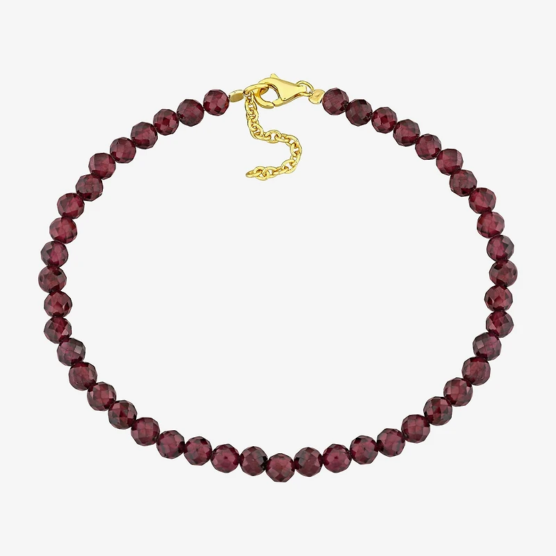 Womens Genuine Red Garnet 18K Gold Over Silver Beaded Bracelet