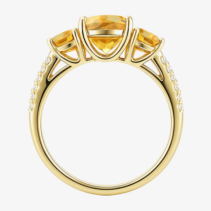 Womens Genuine Yellow Citrine 14K Gold Over Silver Cushion Side Stone Cocktail Ring
