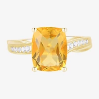 Womens Genuine Yellow Citrine 14K Gold Over Silver Cushion Side Stone Cocktail Ring