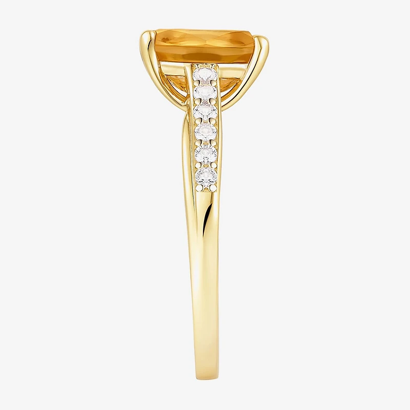 Womens Genuine Yellow Citrine 14K Gold Over Silver Cushion Side Stone Cocktail Ring