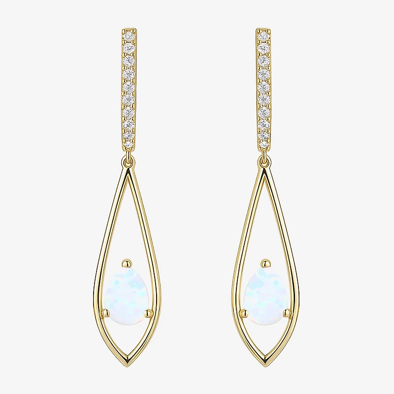 Womens Lab Created White Opal 14K Gold Over Silver Pear Round Drop Earrings