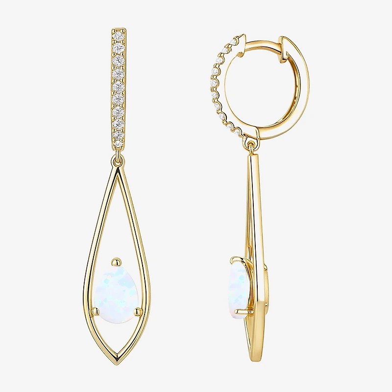 Womens Lab Created White Opal 14K Gold Over Silver Pear Round Drop Earrings