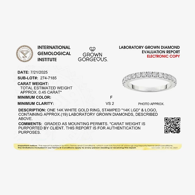 Grown Gorgeous (F, Vs2) Womens 1/2 CT. T.W. Lab White Diamond 14K Gold or Platinum Wedding Band