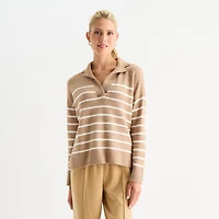Stylus Womens Johnny Collar Long Sleeve Striped Pullover Sweater