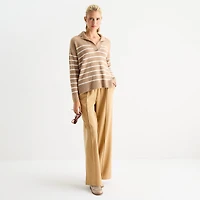 Stylus Womens Johnny Collar Long Sleeve Striped Pullover Sweater