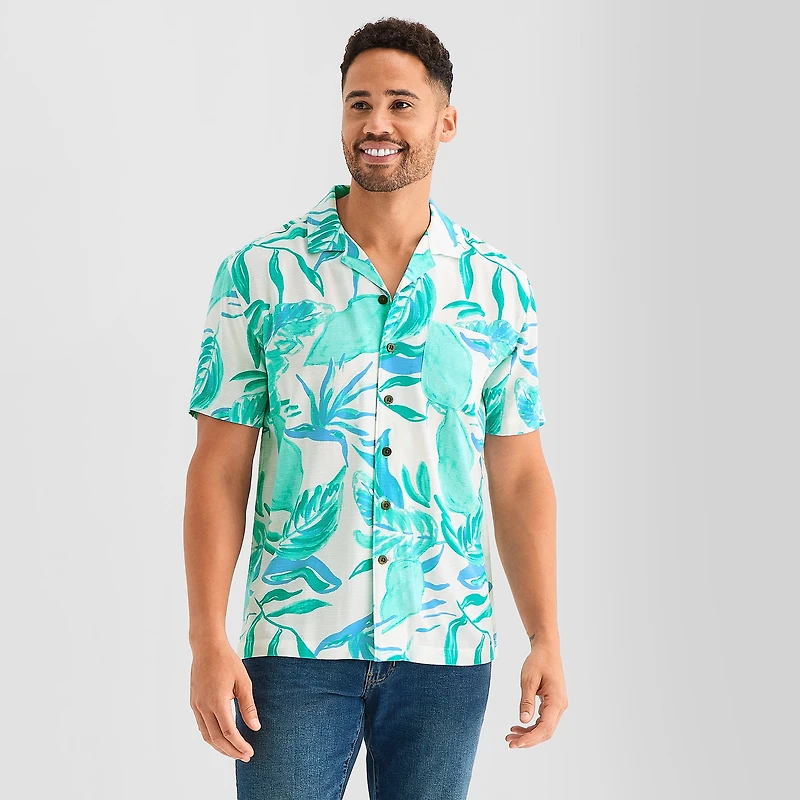 St. John's Bay Slub Button-Down Mens Short Sleeve Camp Shirt