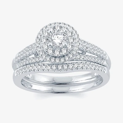 Signature By Modern Bride Womens 3/4 CT. T.W. Natural White Diamond 14K Gold Round Halo Bridal Set