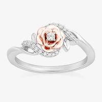 Enchanted Disney Fine Jewelry Womens 1/10 CT. T.W. Natural White Diamond 14K Rose Gold Over Silver Sterling Silver Flower Beauty and the Beast Belle Princess Cocktail Ring