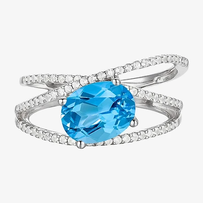 Womens Gemstone Sterling Silver Crossover Side Stone Cocktail Ring