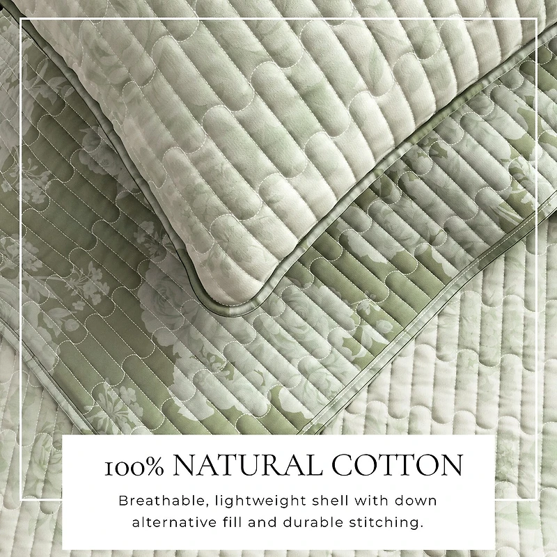 Linery Boho Floral With Scalloped Detail Cotton Reversible Quilt Set