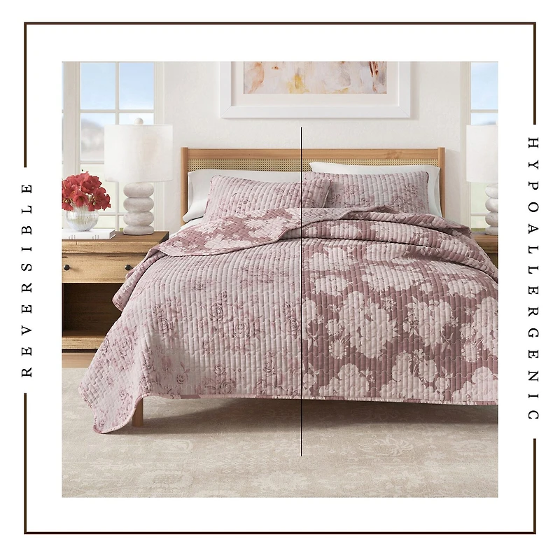 Linery Boho Floral With Scalloped Detail Cotton Reversible Quilt Set