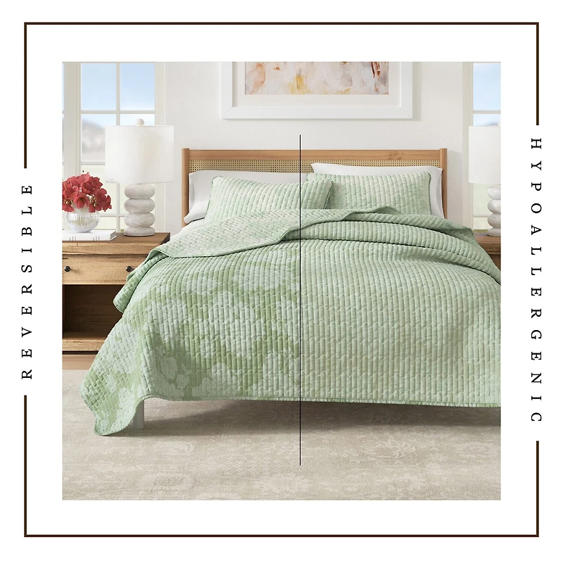 Linery Boho Floral With Scalloped Detail Cotton Reversible Quilt Set
