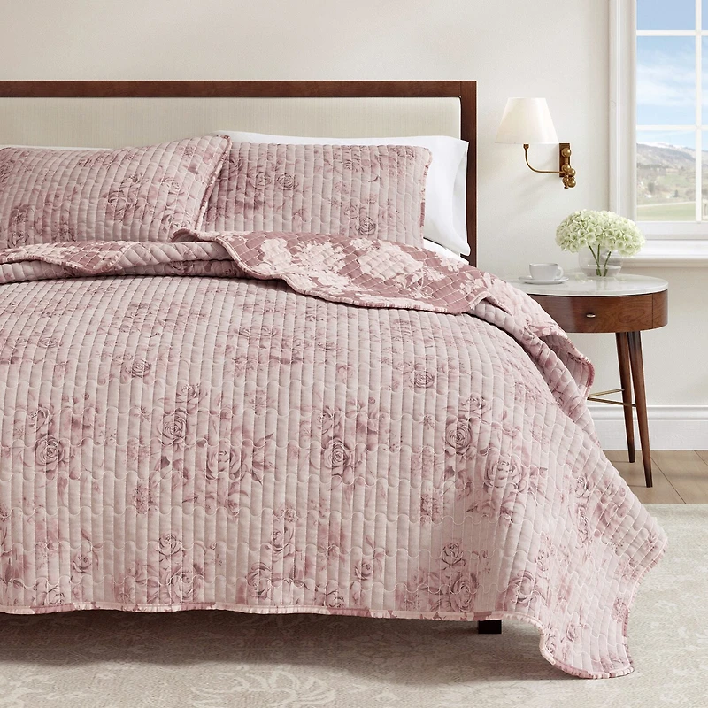 Linery Boho Floral With Scalloped Detail Cotton Reversible Quilt Set