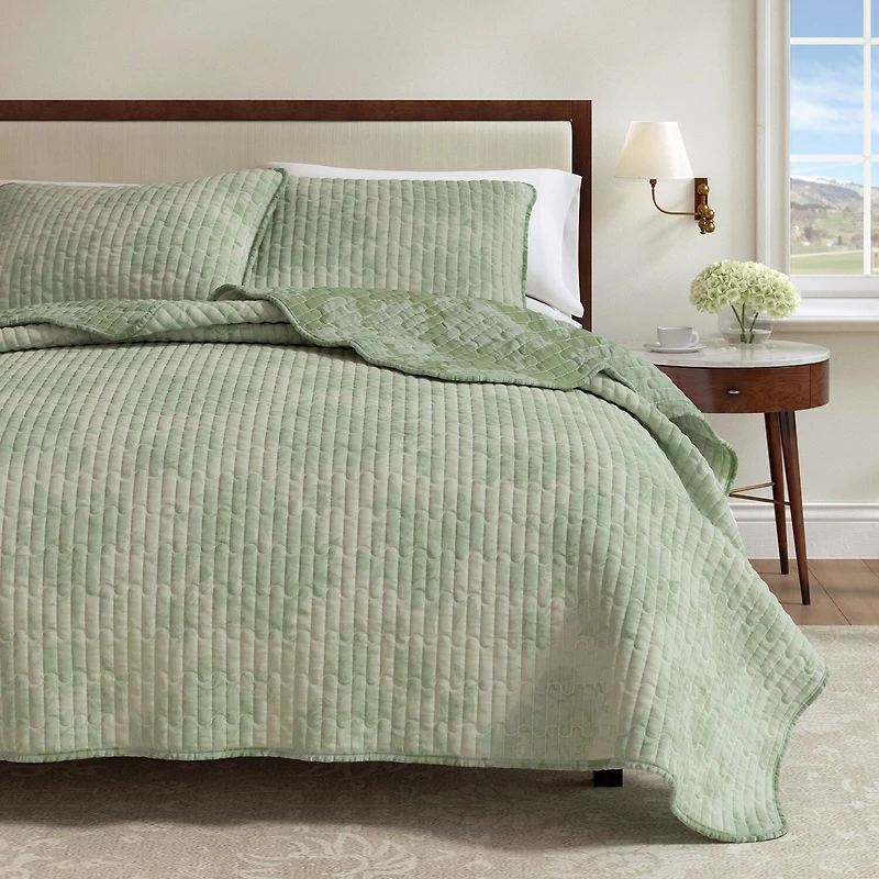 Linery Boho Floral With Scalloped Detail Cotton Reversible Quilt Set