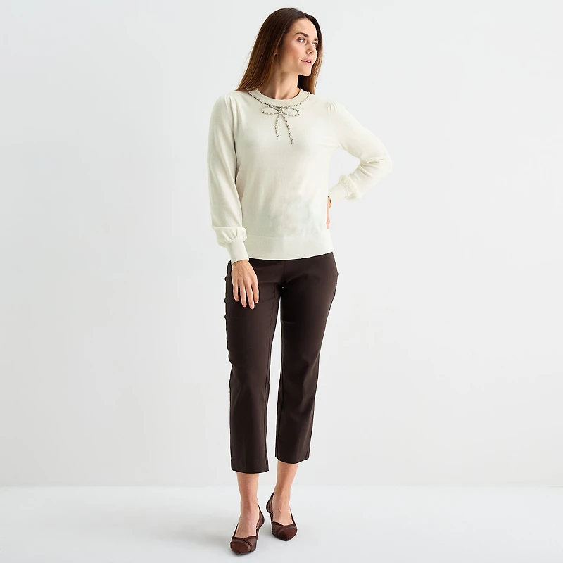 Liz Claiborne Womens Crew Neck Embellished Long Sleeve Pullover Sweater
