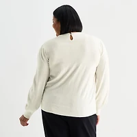 Liz Claiborne Plus Womens Crew Neck Embellished Long Sleeve Pullover Sweater