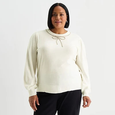 Liz Claiborne Plus Womens Crew Neck Embellished Long Sleeve Pullover Sweater