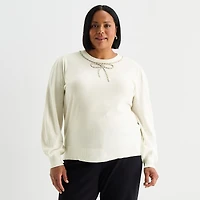 Liz Claiborne Plus Womens Crew Neck Embellished Long Sleeve Pullover Sweater