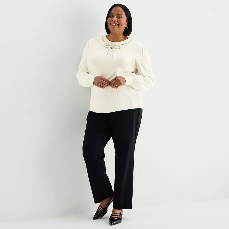 Liz Claiborne Plus Womens Crew Neck Embellished Long Sleeve Pullover Sweater
