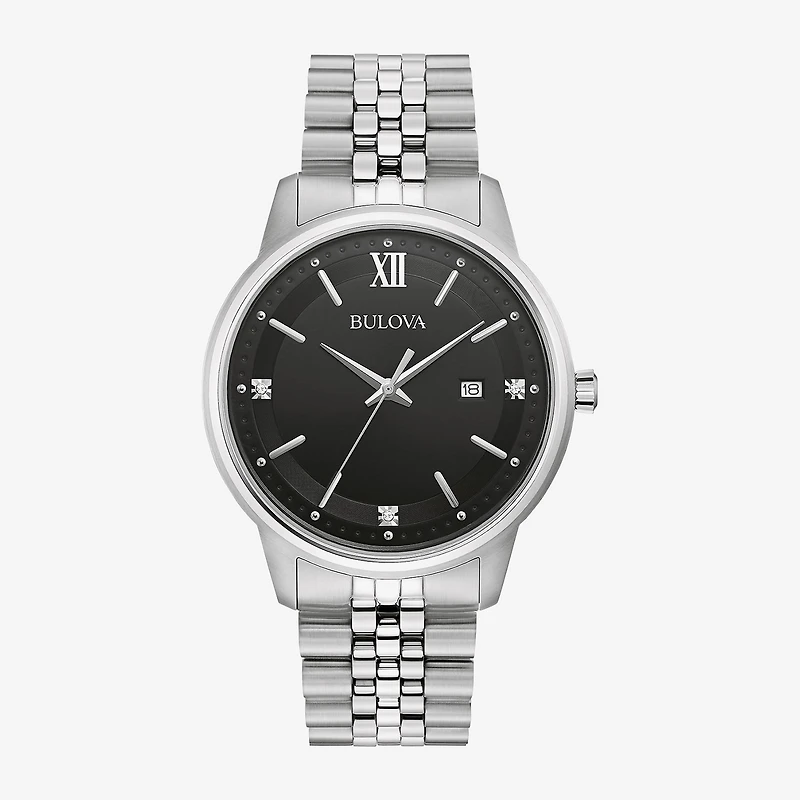 Bulova Classic Mens Diamond Accent Silver Tone Stainless Steel Bracelet Watch 96d151
