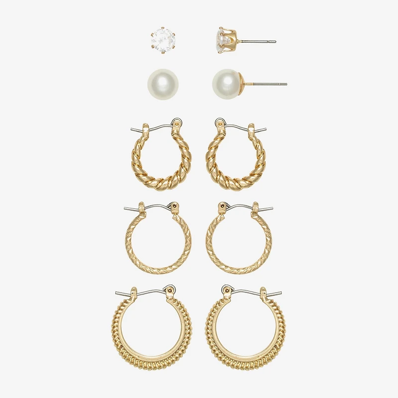 Mixit Womens Simulated Pearl Stainless Steel Round Hypoallergenic 5 Pair Earring Set
