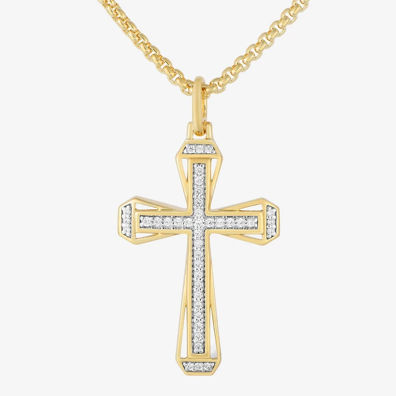 Mens 1/5 CT. Natural White Diamond 14K Gold Over Silver Cross 22 Inch Pendant Necklace