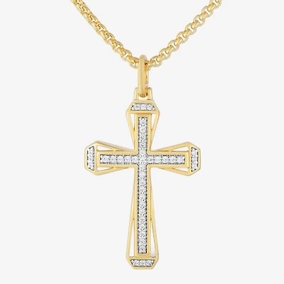 Mens 1/5 CT. Natural White Diamond 14K Gold Over Silver Cross 22 Inch Pendant Necklace