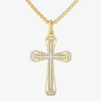 Mens 1/5 CT. Natural White Diamond 14K Gold Over Silver Cross 22 Inch Pendant Necklace
