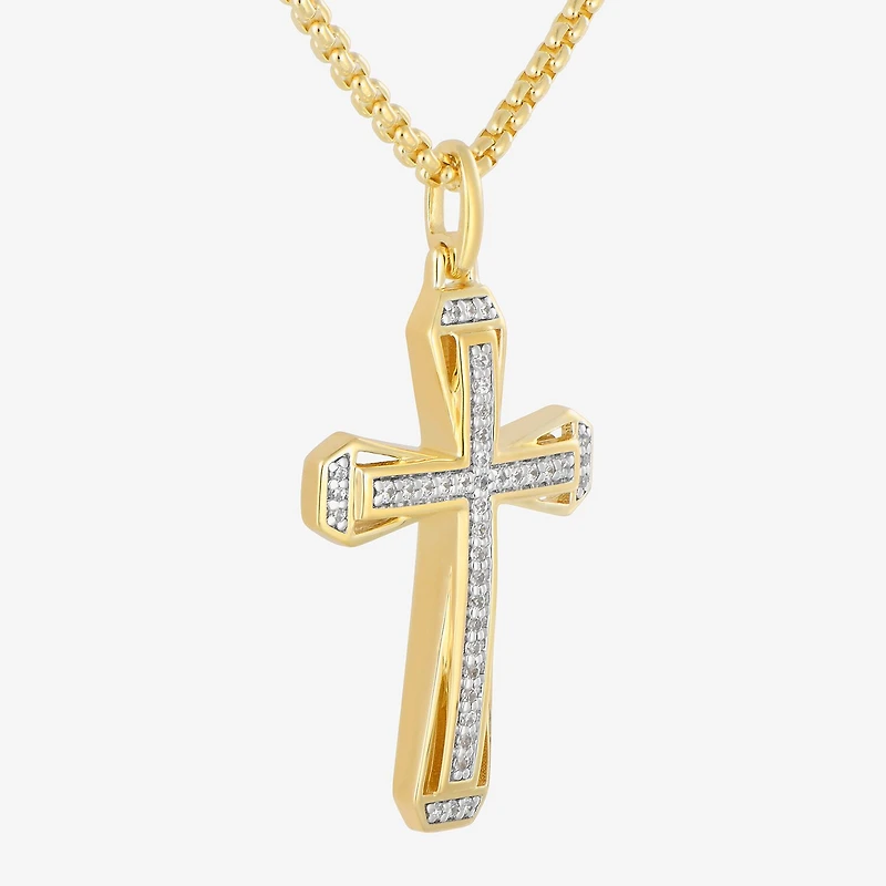 Mens 1/5 CT. Natural White Diamond 14K Gold Over Silver Cross 22 Inch Pendant Necklace