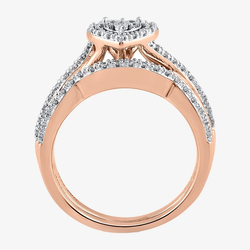 Surrounded by Love Womens 1/5 CT. Natural White Diamond 14K Rose Gold Over Silver Heart Side Stone Halo Bridal Set