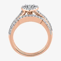 Surrounded by Love Womens 1/5 CT. Natural White Diamond 14K Rose Gold Over Silver Heart Side Stone Halo Bridal Set