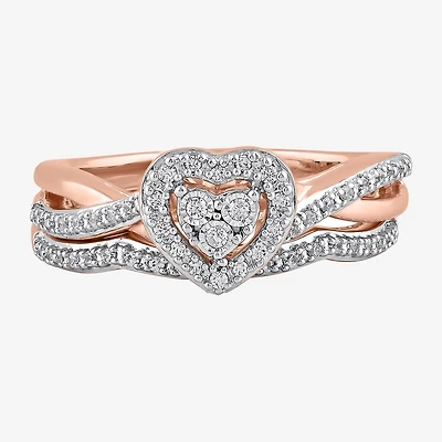 Surrounded by Love Womens 1/5 CT. Natural White Diamond 14K Rose Gold Over Silver Heart Side Stone Halo Bridal Set